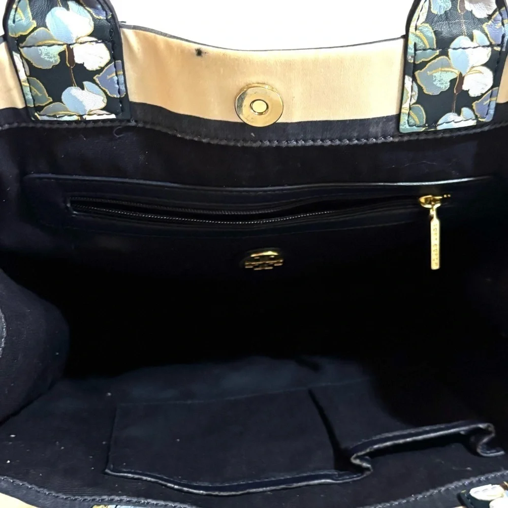 Tory Burch Black and Cream Tote Bag with Structured Design